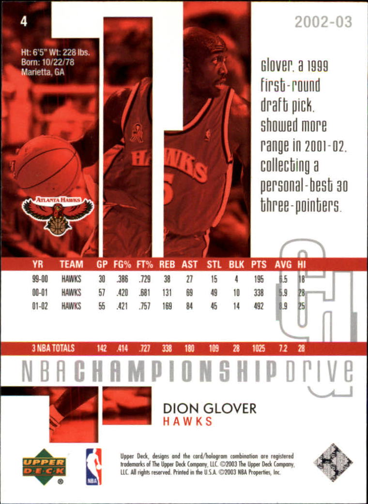 2002-03 Upper Deck Championship Drive #4 Dion Glover back image