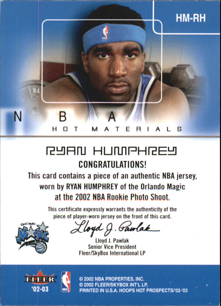 2002-03 Hoops Hot Prospects Hot Materials #43 Ryan Humphrey back image