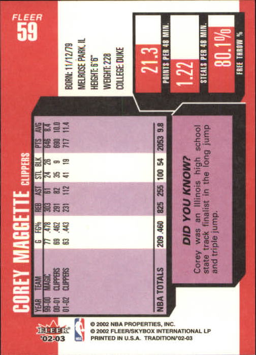 2002-03 Fleer Tradition #59 Corey Maggette back image