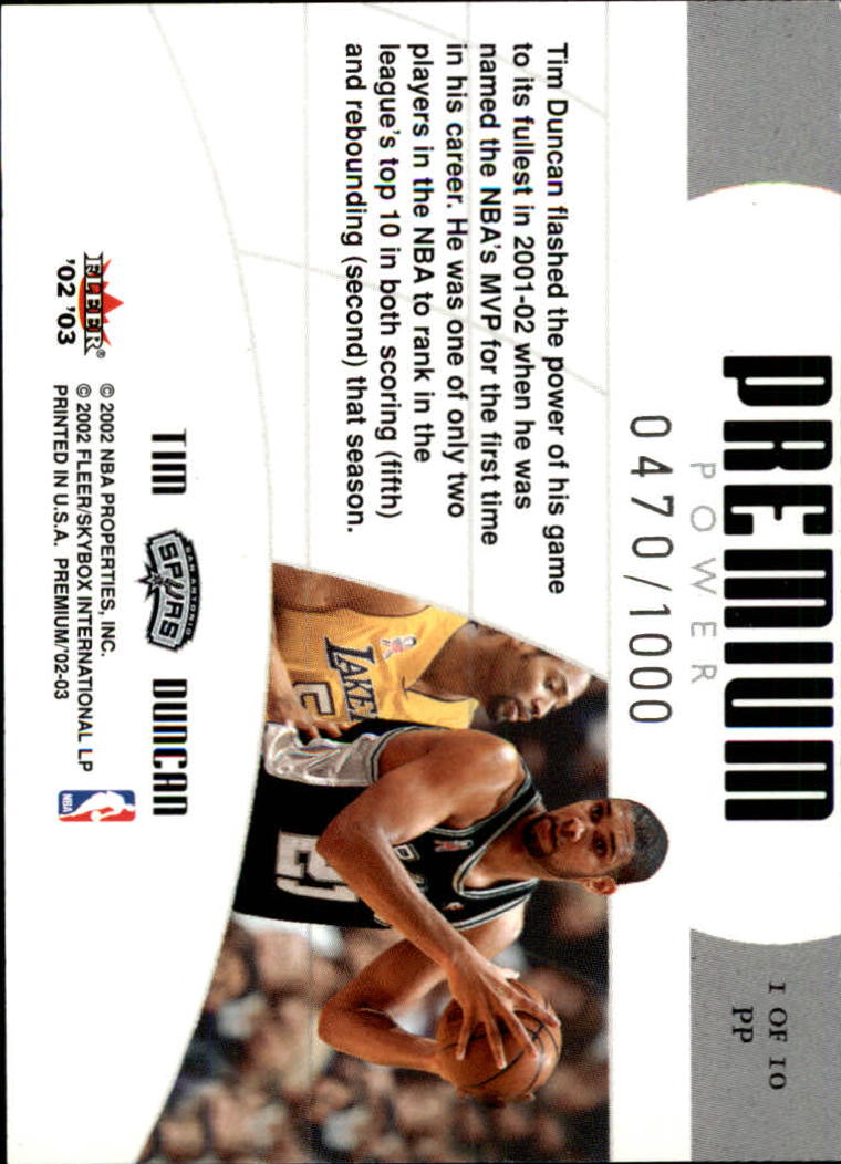 2002-03 Fleer Premium Power #1 Tim Duncan