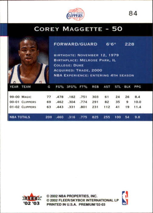 2002-03 Fleer Premium #84 Corey Maggette back image