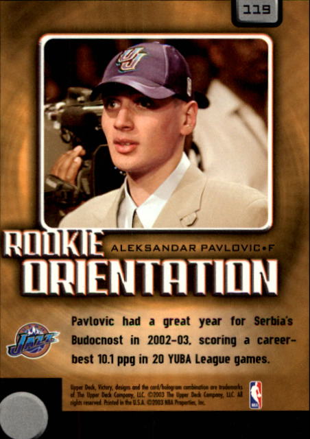 2003-04 Upper Deck Victory #119 Aleksandar Pavlovic RC back image