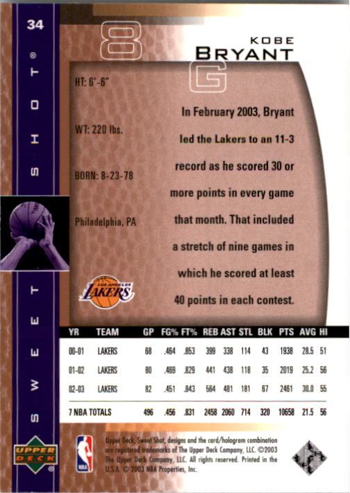 2003-04 Sweet Shot #34 Kobe Bryant back image