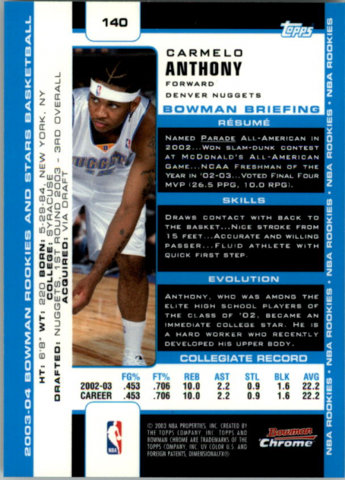 2003-04 Bowman Chrome #140 Carmelo Anthony RC back image