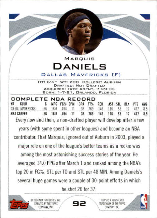 2004-05 Topps First Edition #92 Marquis Daniels back image