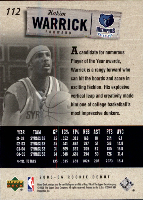2005-06 Upper Deck Rookie Debut #112 Hakim Warrick RC back image