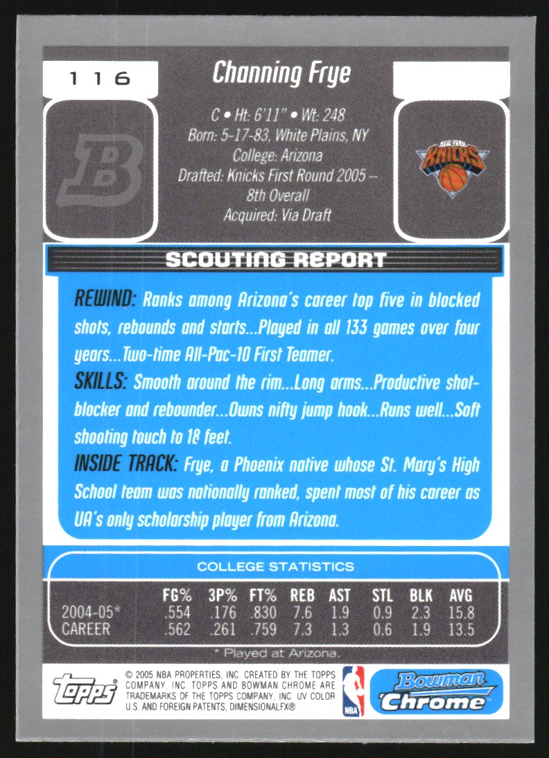 2005-06 Bowman Chrome #116 Channing Frye RC back image