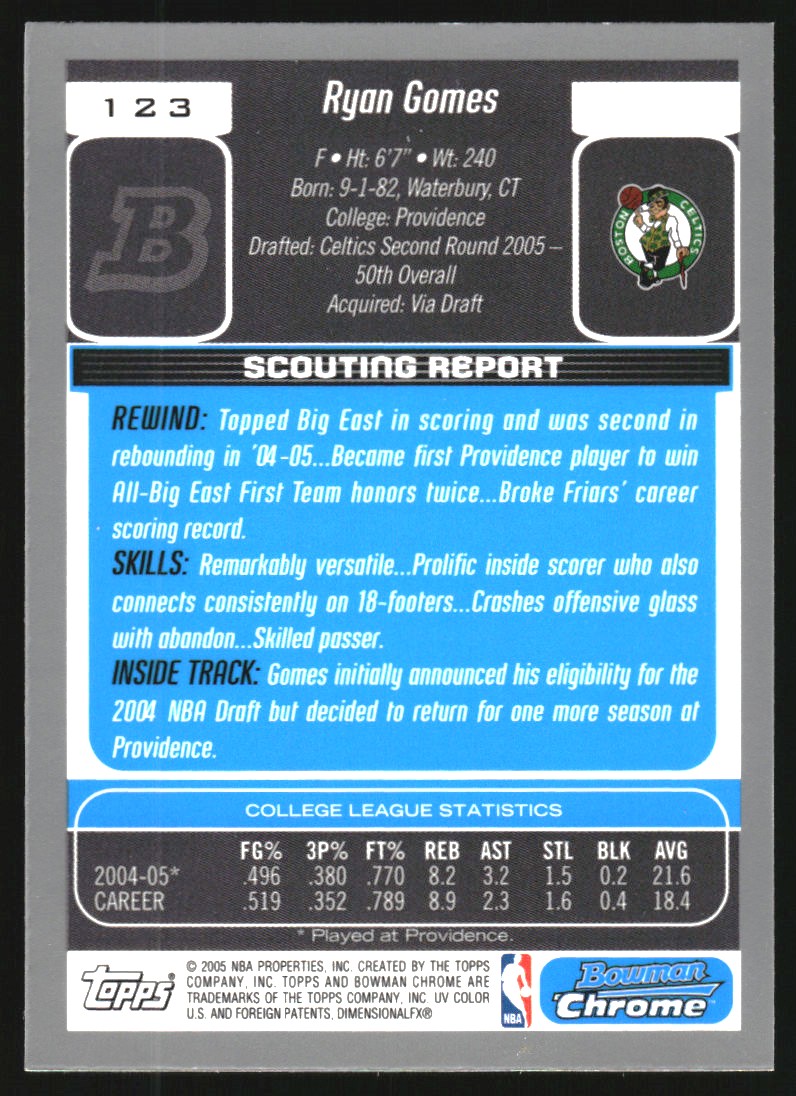 2005-06 Bowman Chrome #123 Ryan Gomes RC back image