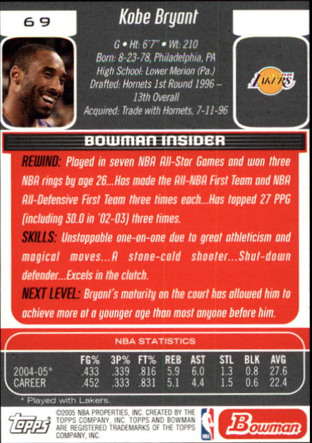 2005-06 Bowman #69 Kobe Bryant back image