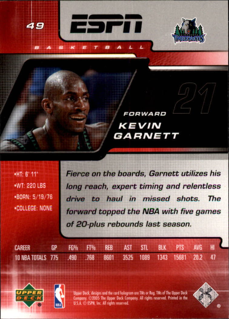 2005-06 Upper Deck ESPN #49 Kevin Garnett back image