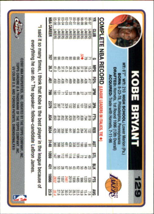 2006-07 Topps Chrome #129 Kobe Bryant back image