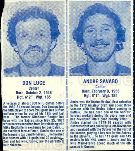 1980-81 Buffalo Sabres Milk Cartons Dark Blue #6 Don Luce, Andre Savard