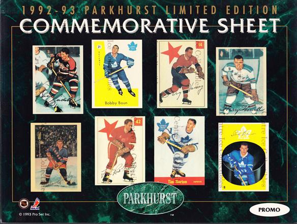 1992-93 Parkhurst Commemorative Sheets Promo #2 Bill Gadsby, Bob Baun, Doug Harvey, Tim Horton, Harry Howell, Red Kelly, Carl Brewer, Allan Stanley
