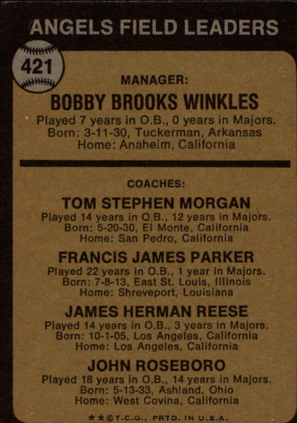2015 Topps Original Stamp Buyback - 1973 Topps #421A Bobby Winkles MG RC/Tom Morgan CO/Salty Parker CO/Jimmie Reese CO/John Roseboro CO back image