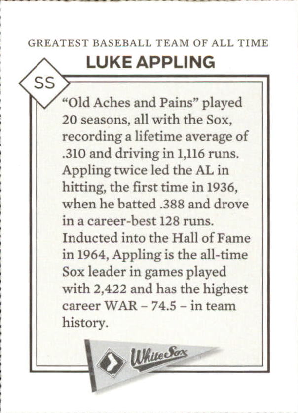2016 Chicago Tribune's Greatest White Sox & Cubs Luke Appling back image