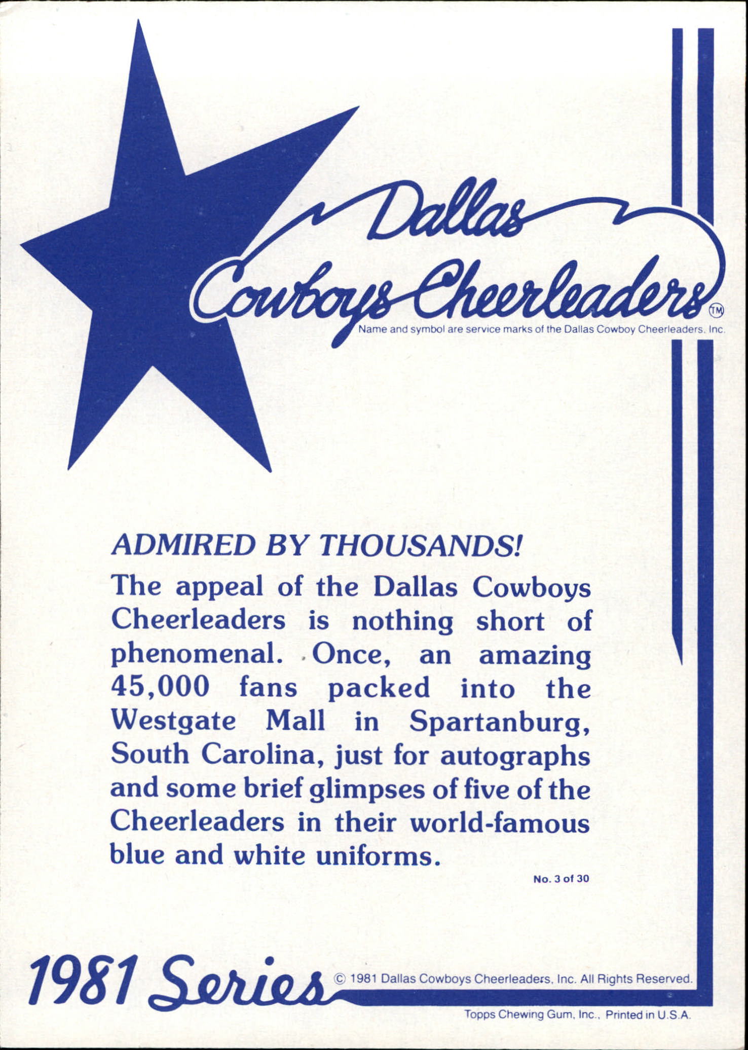 1981 Topps Dallas Cowboy Cheerleaders #3 Admired by Thousands back image