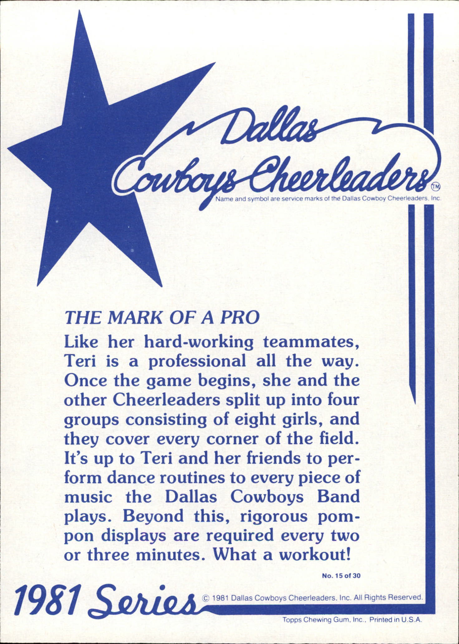 1981 Topps Dallas Cowboy Cheerleaders #15 The Mark of a Pro back image