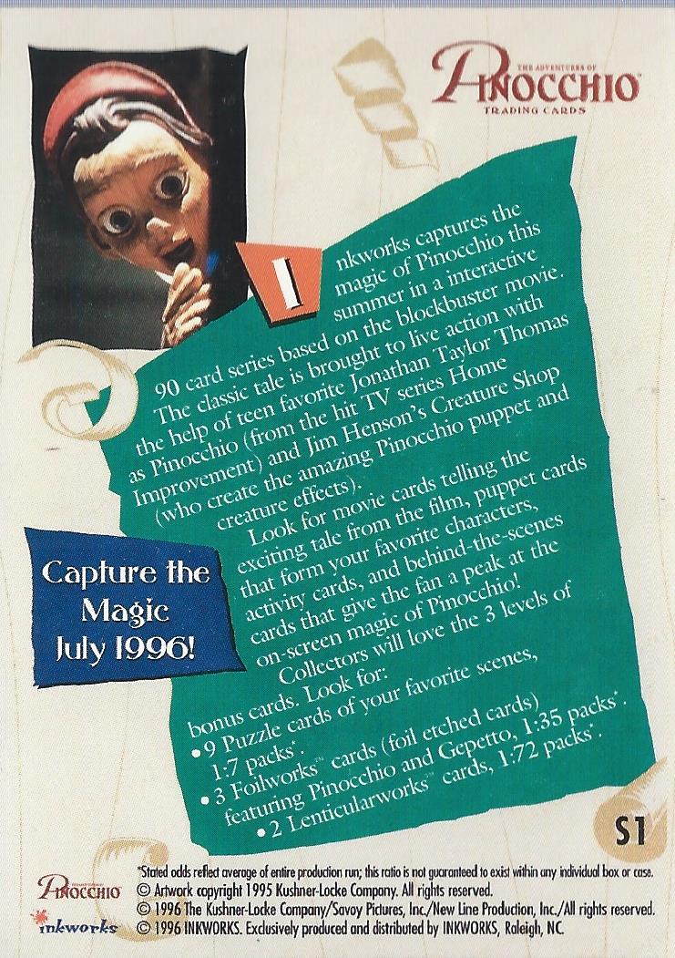1996 Inkworks Adventures of Pinocchio Promo #S1 Pinocchio S1 back image