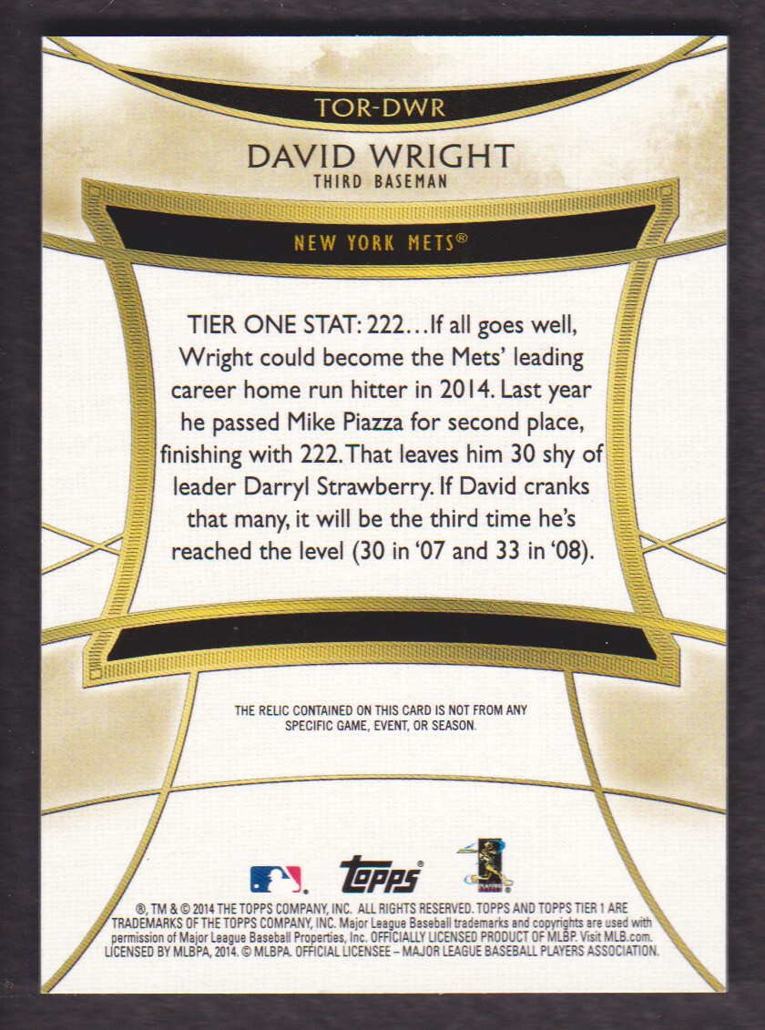 2014 Topps Tier One Relics #TORDWR David Wright/254 back image