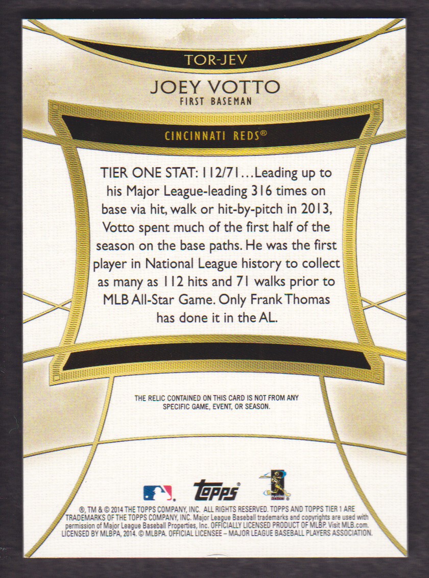 2014 Topps Tier One Relics #TORJEV Joey Votto/254 back image