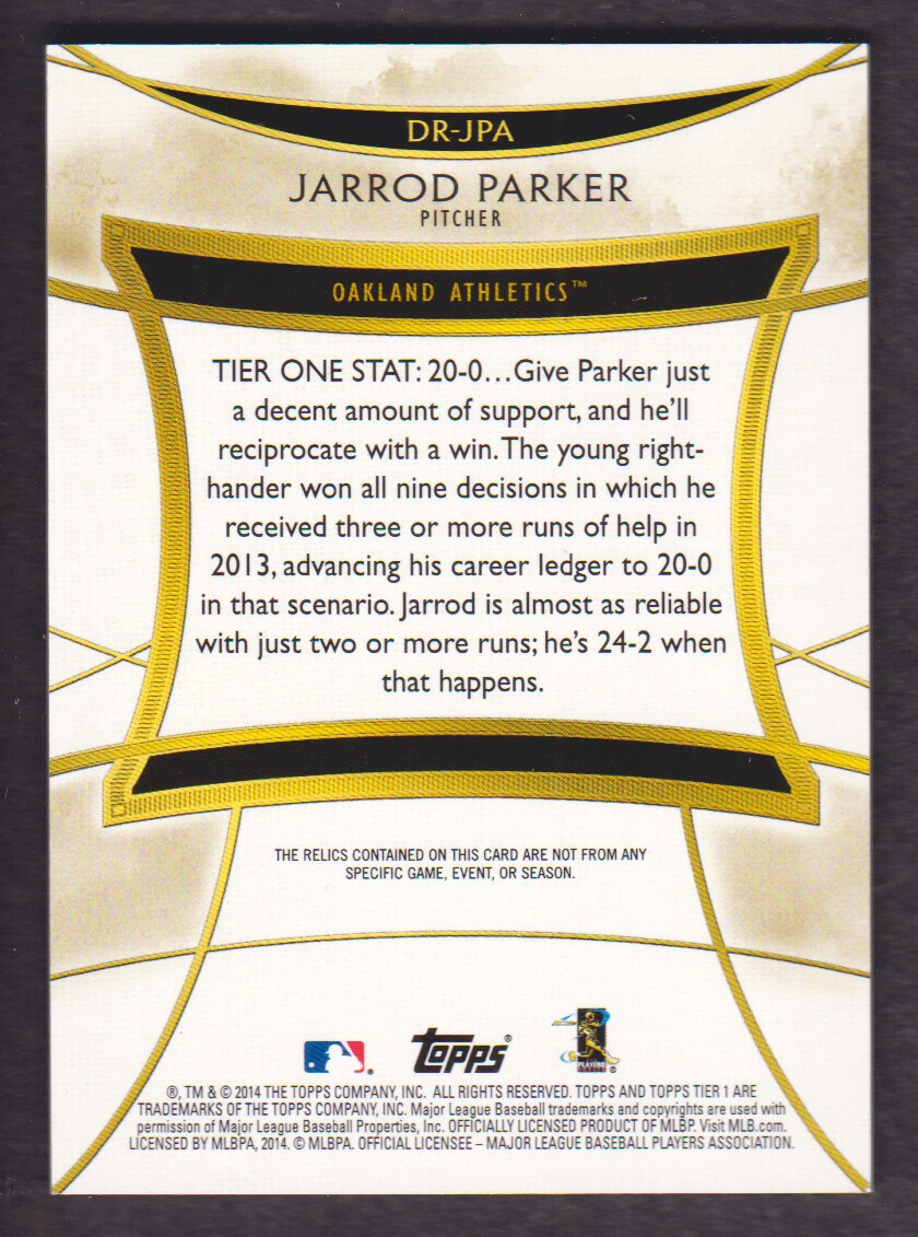 2014 Topps Tier One Dual Relics #TORJPA Jarrod Parker back image