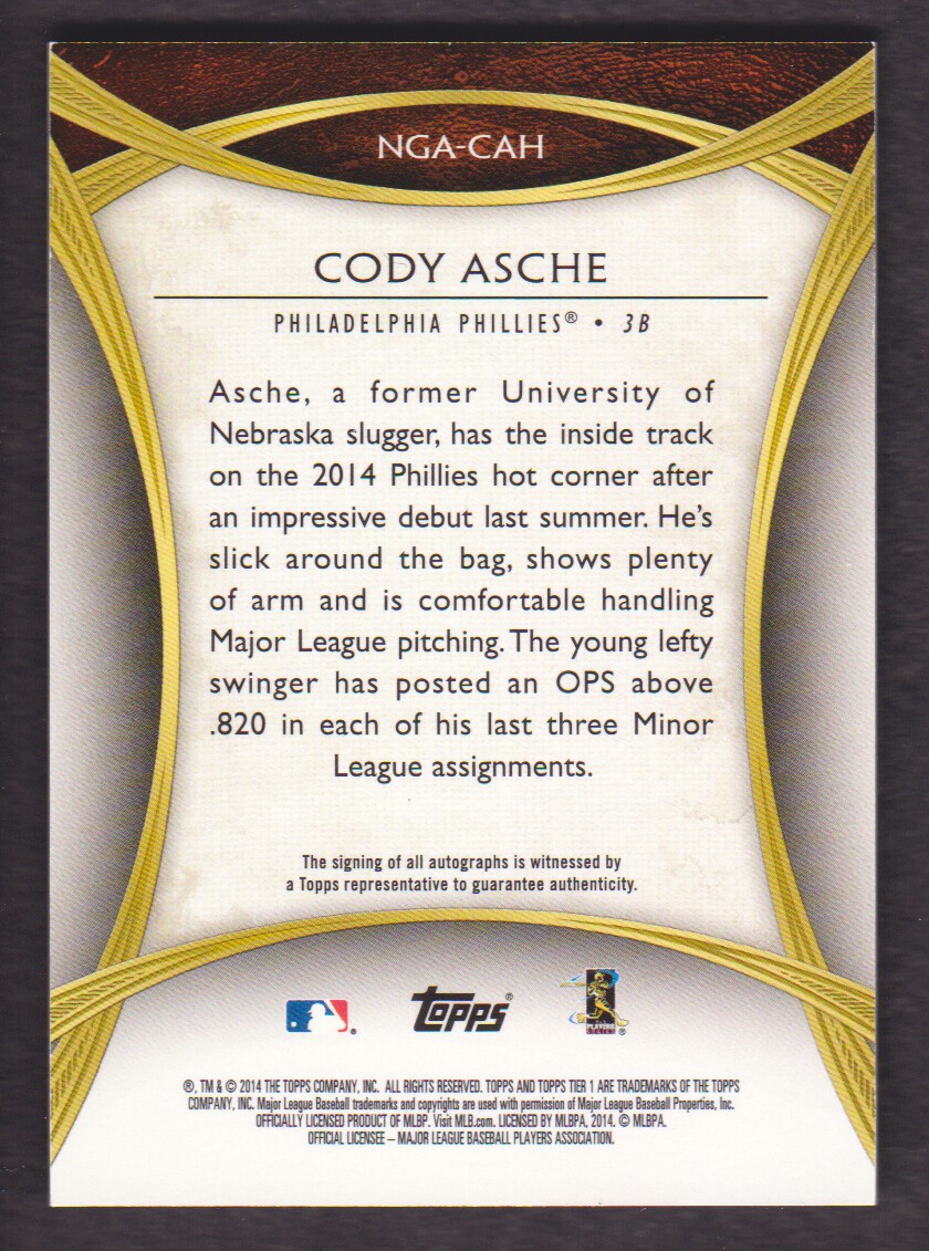 2014 Topps Tier One New Guard Autographs #NGACAH Cody Asche/399 back image