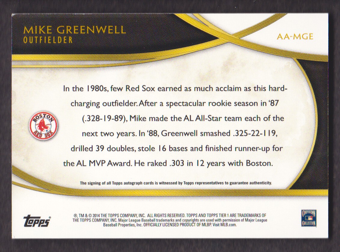 2014 Topps Tier One Acclaimed Autographs #AAMGE Mike Greenwell/299 - NM-MT  - GamesandCards.com