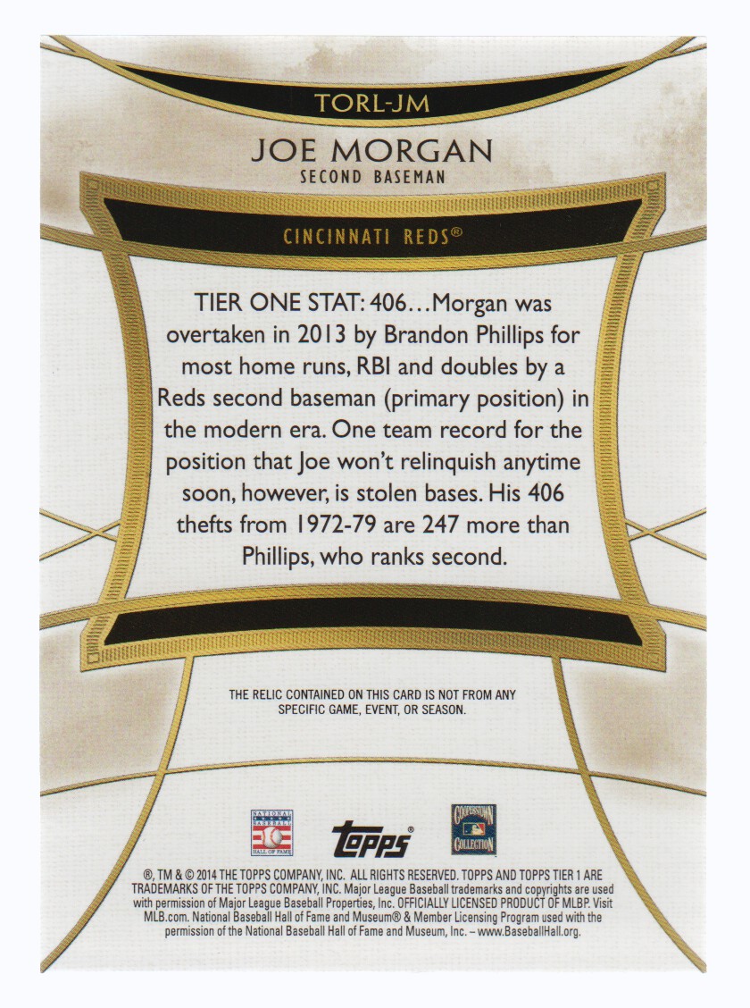 2014 Topps Tier One Legends Relics #TORLJM Joe Morgan back image