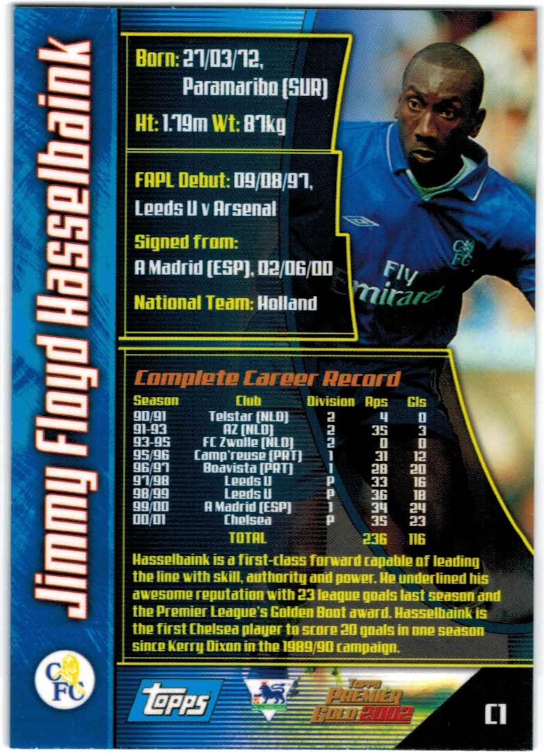 2001-02 Topps Premier Gold England #C1 Jimmy Floyd Hasselbaink back image