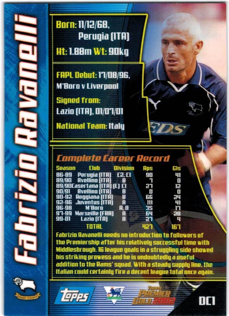 2001-02 Topps Premier Gold England #DC1 Fabrizio Ravanelli back image