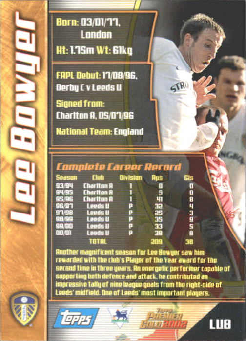 2001-02 Topps Premier Gold England #LU8 Lee Bowyer back image