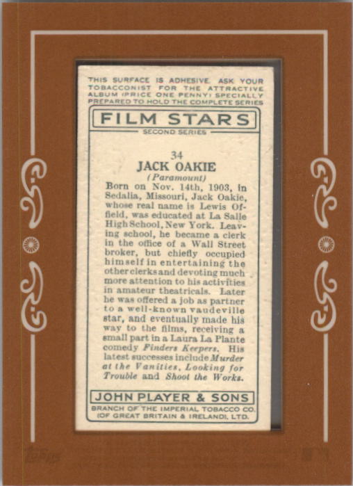 1934 Player's Film Stars Series 2 #34 Jack Oakie back image