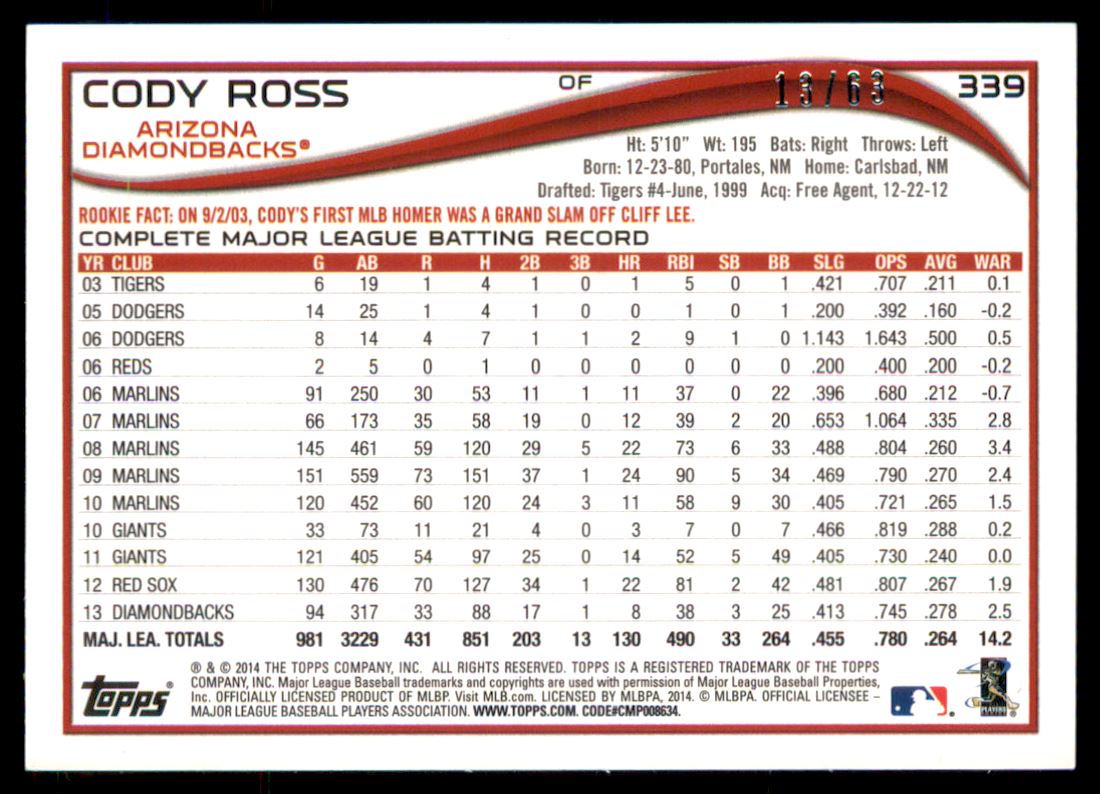2014 Topps Black #339 Cody Ross back image