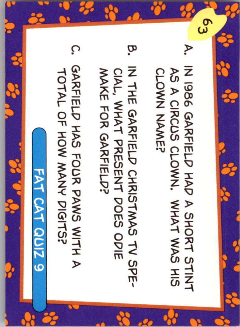 1992 SkyBox Garfield #63 Fat Cat Quiz 9