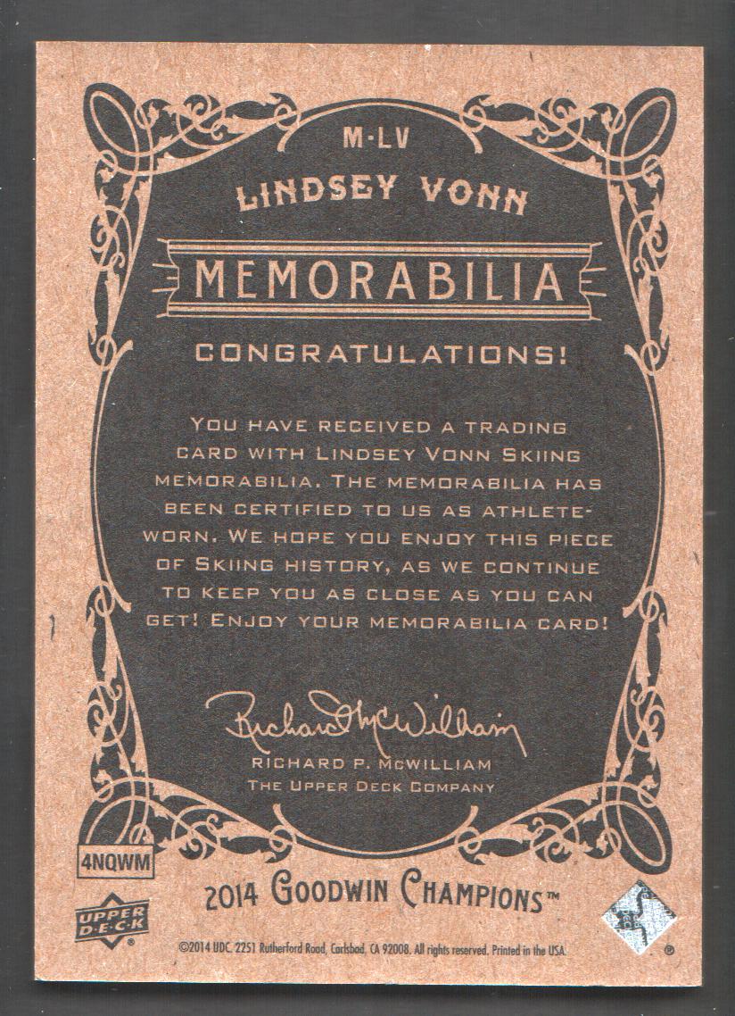2014 Upper Deck Goodwin Champions Memorabilia Premium #MLV Lindsey Vonn/50 back image