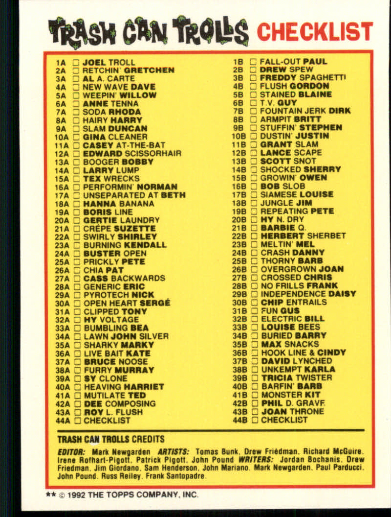 Trash Can Trolls (1992 Topps) "Main Set" Sticker Cards #1a to #44b - Picture 177 of 177