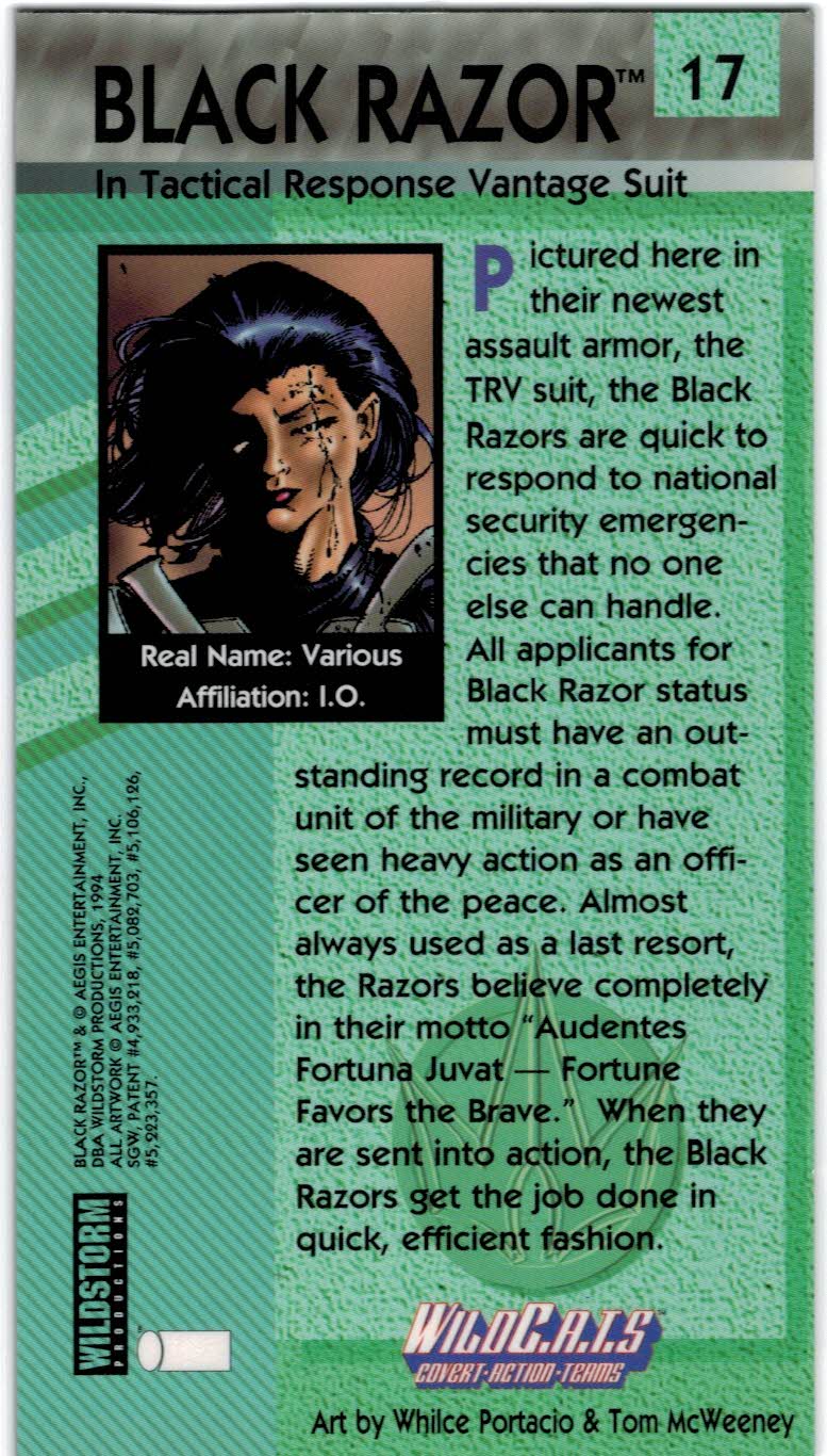 1994 Topps WildC.A.T.s #17 Black Razor In Tactical Response Vantage Suit back image