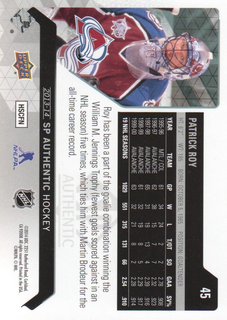 2013-14 SP Authentic #45 Patrick Roy back image