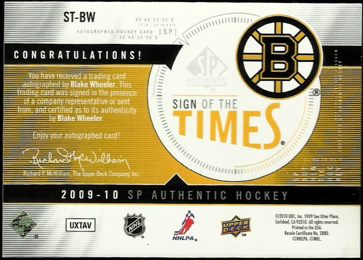 2009-10 SP Authentic Sign of the Times #STBW Blake Wheeler C/(inserted in 2013-14 SP Authentic) back image