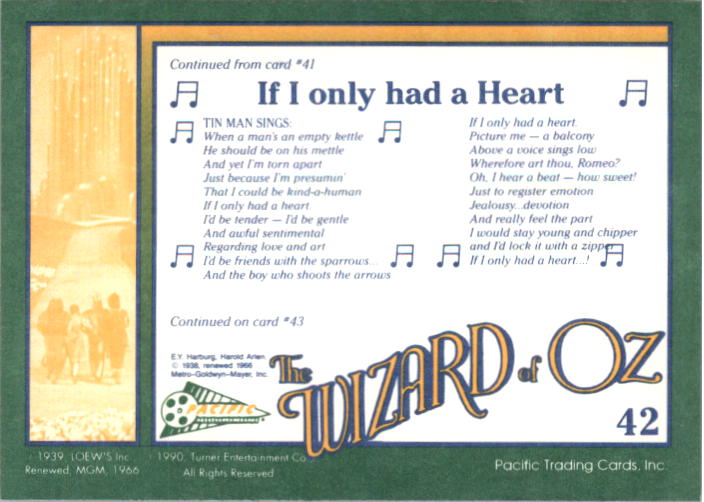 1990 Pacific Wizard of Oz #42 If I Only Had a Heart back image