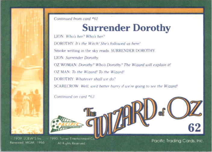 1990 Pacific Wizard of Oz #62 Surrender Dorothy back image