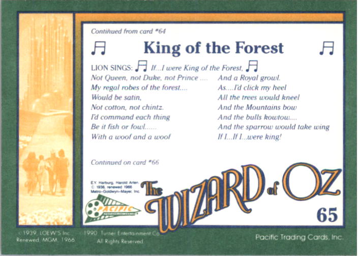 1990 Pacific Wizard of Oz #65 King of the Forest back image