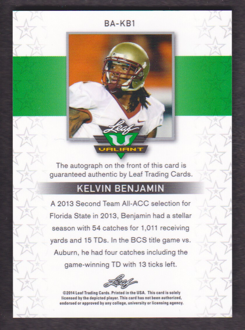 2014 Leaf Valiant Draft #BAKB1 Kelvin Benjamin EXCH back image