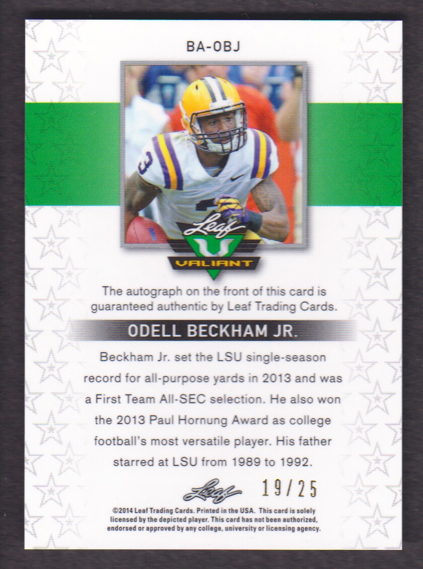 2014 Leaf Valiant Draft Purple #BAOBJ Odell Beckham Jr. back image