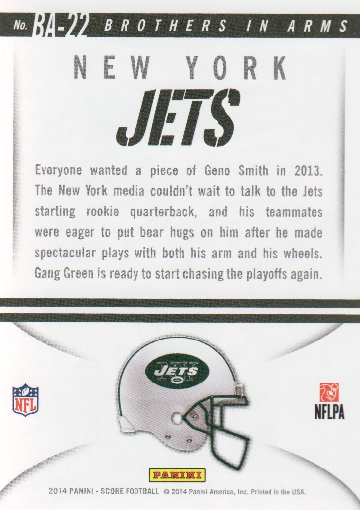 2014 Score Brothers In Arms Red #BA22 New York Jets/Geno Smith/Stephen Hill/Willie Colon back image