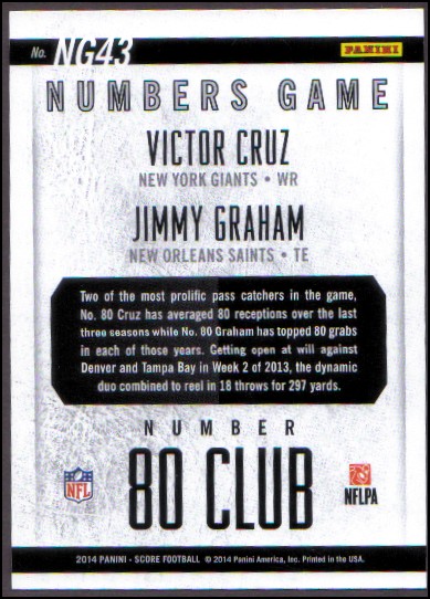2014 Score Numbers Game #NG43 Victor Cruz/Jimmy Graham back image