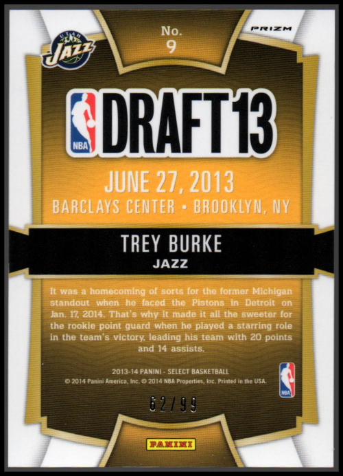 2013-14 Select Draft Selections Prizms Purple #9 Trey Burke back image