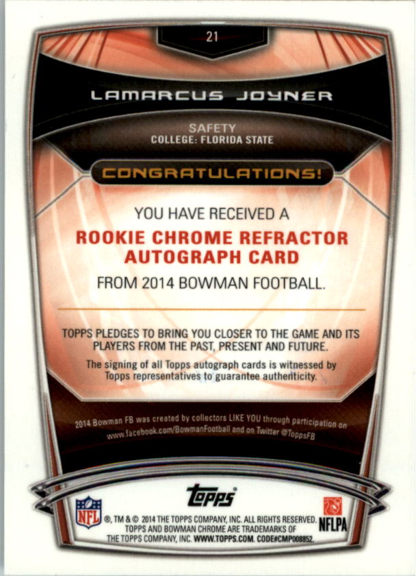 2014 Bowman Chrome Rookie Autographs College Refractors #21 Lamarcus Joyner back image