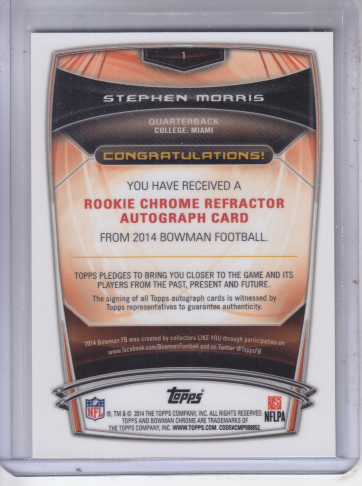 2014 Bowman Chrome Rookie Autographs College Refractors #1 Stephen Morris back image