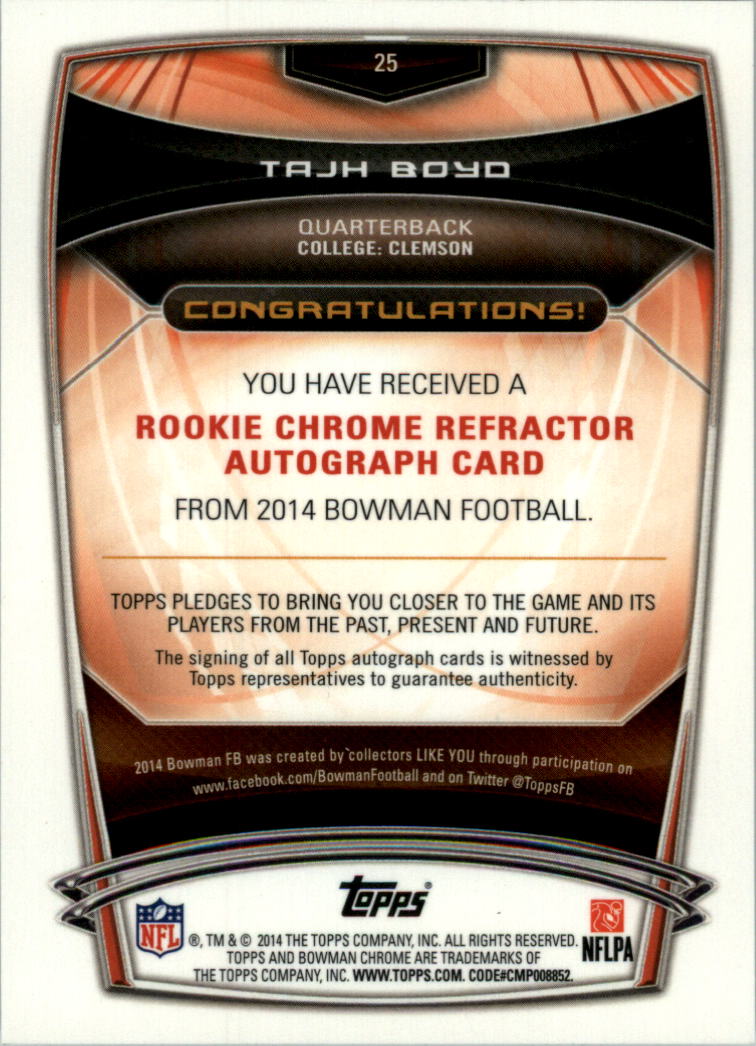 2014 Bowman Chrome Rookie Autographs College Refractors #25 Tajh Boyd back image